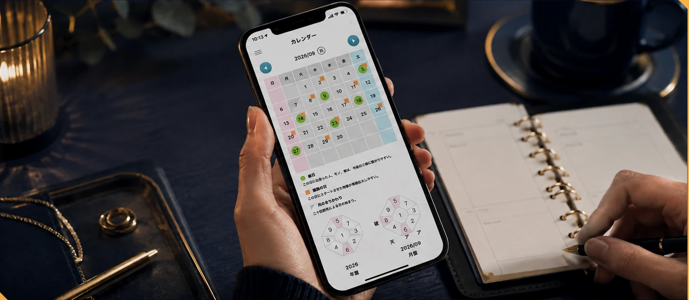吉報道の気学アプリの実際のカレンダー画面をスマートフォンで活用する様子