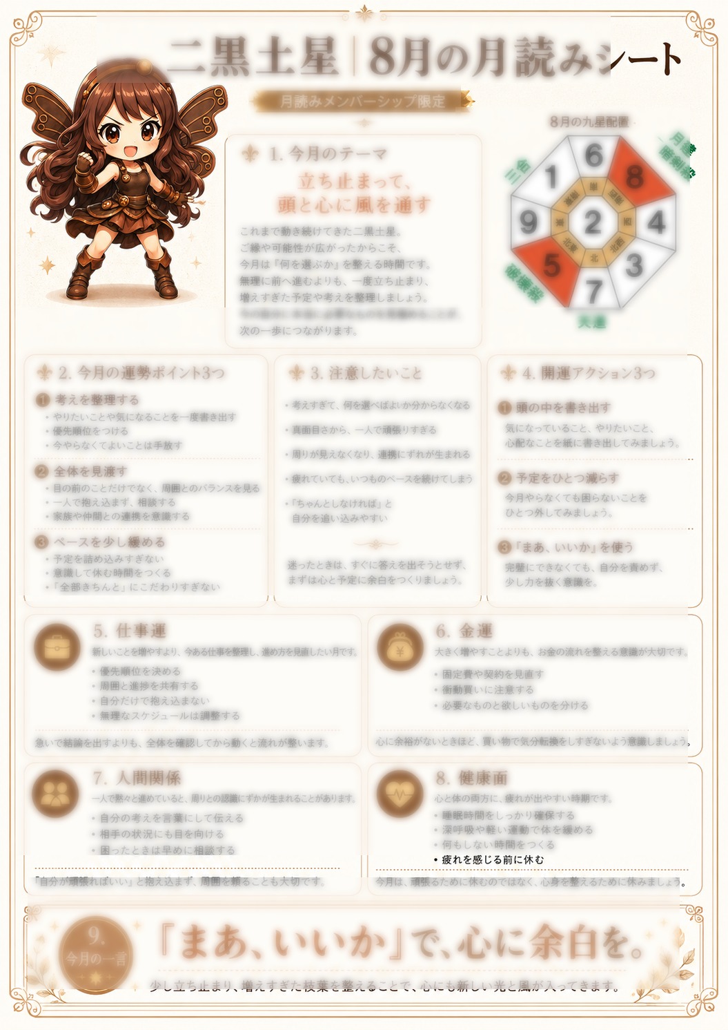 二黒土星の月読みシート(文字をややぼかしたサンプル)